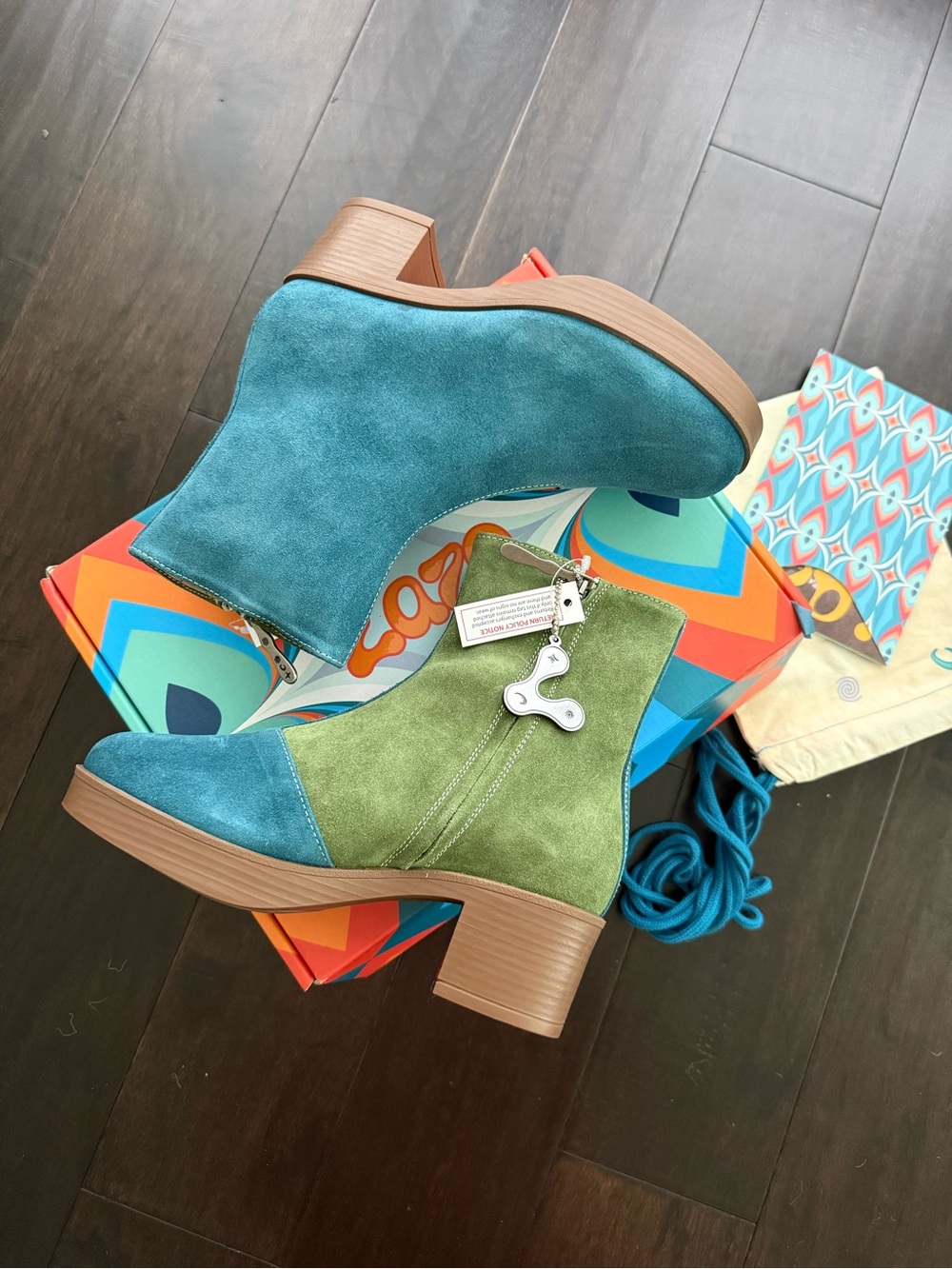 LAZO SIREN Two-Tone Teal and Green Suede Ankle Boots - Women